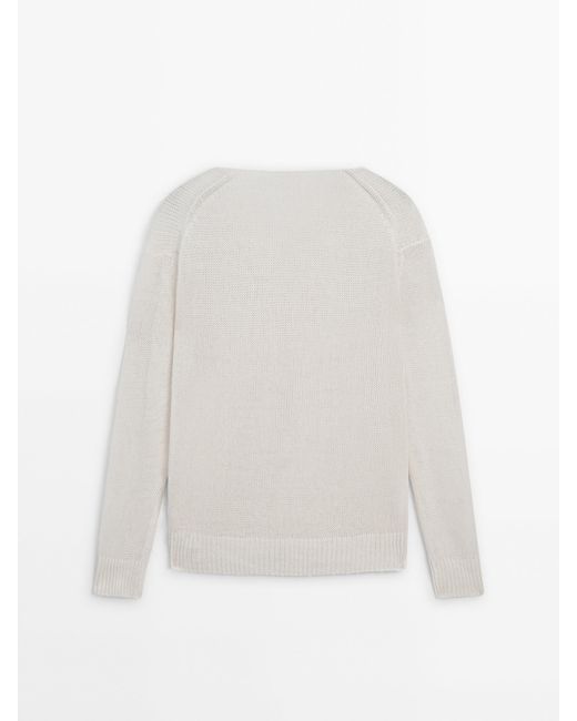 MASSIMO DUTTI White 100% Linen V-Neck Sweater