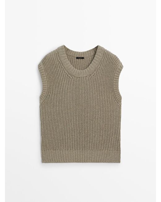 MASSIMO DUTTI Natural Knit Vest With A Crew Neck And Ribbed Detail