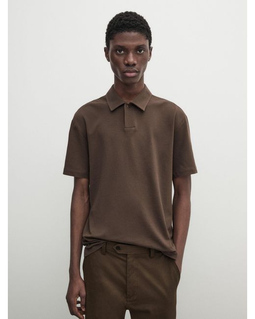 MASSIMO DUTTI Brown Textured Short Sleeve Polo Shirt for men
