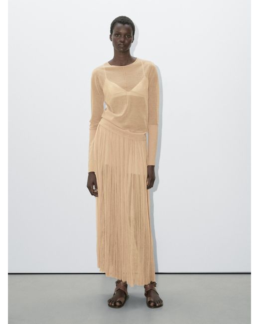 MASSIMO DUTTI White Pleated 100% Silk Midi Skirt