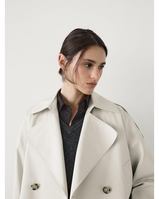 MASSIMO DUTTI White Short 100% Cotton Trench Coat With Lapel