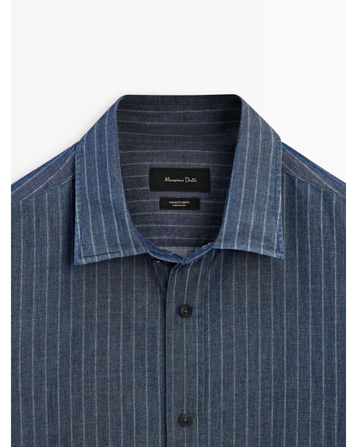 MASSIMO DUTTI Blue Regular Fit Striped Cotton Denim Shirt for men
