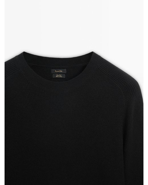 MASSIMO DUTTI Black Wool And Cotton Blend Knit Sweater With Crew Neck for men