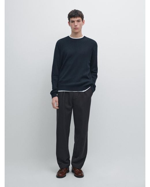 MASSIMO DUTTI Blue Knit 100% Cotton Crew Neck Sweater for men