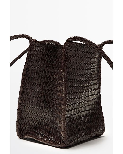 MASSIMO DUTTI Black Nappa Leather Woven Bucket Bag