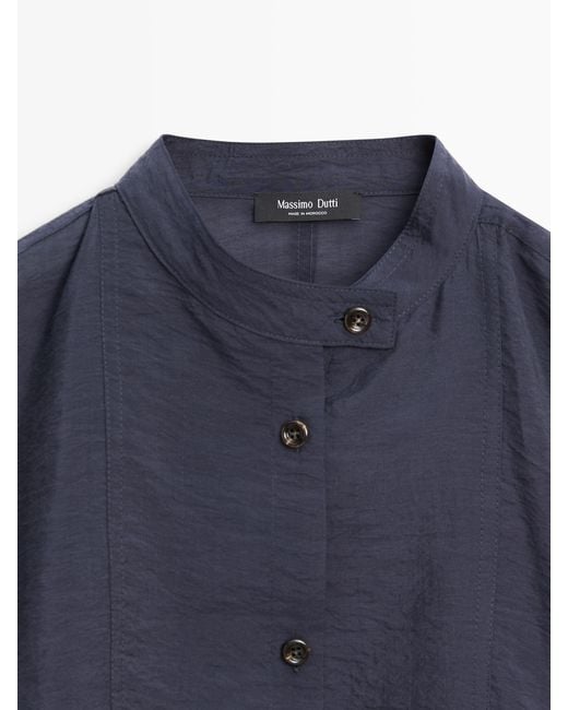 MASSIMO DUTTI Blue Stand Collar Bomber Jacket With Button Details