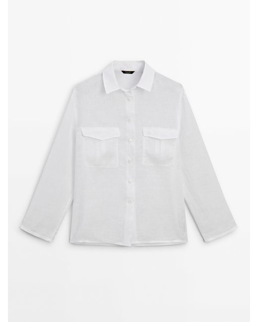 MASSIMO DUTTI White 100% Linen Shirt With Pockets