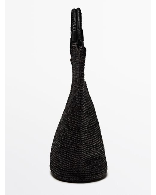 MASSIMO DUTTI Black Raffia Tote Bag With Leather Strap