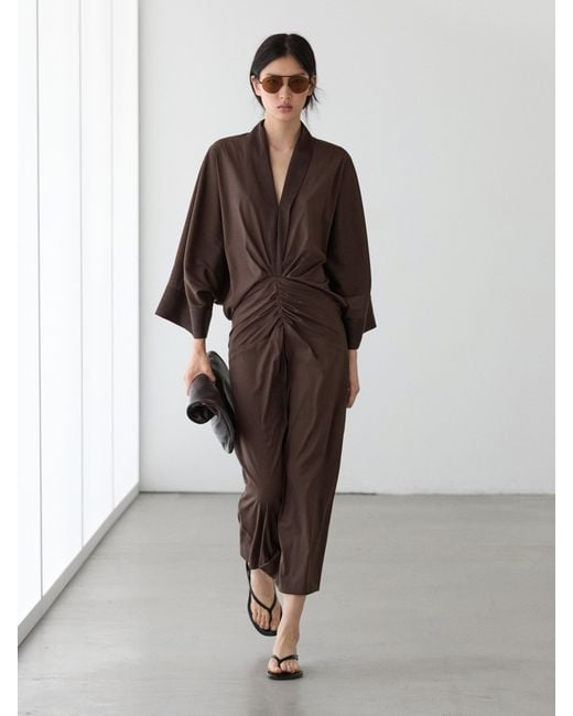 MASSIMO DUTTI Long Sleeve Dress With Gathered Detail in Brown