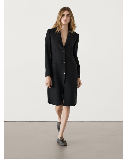 MASSIMO DUTTI Black Long Wool Blend Coat With Pockets