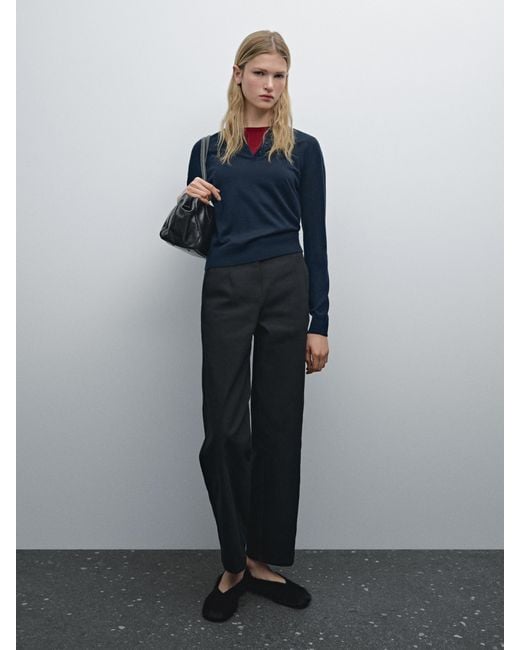 MASSIMO DUTTI Black Wide-Leg Cotton Trousers With No Waistband