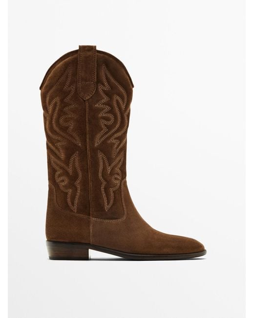 MASSIMO DUTTI Brown Split Suede Embroidered Cowboy Boots