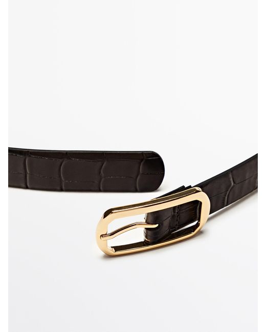 MASSIMO DUTTI White Embossed Mock Croc Leather Belt With Octagon Buckle