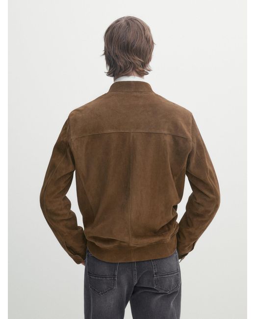 MASSIMO DUTTI Brown Suede Leather Bomber Jacket With Pockets for men