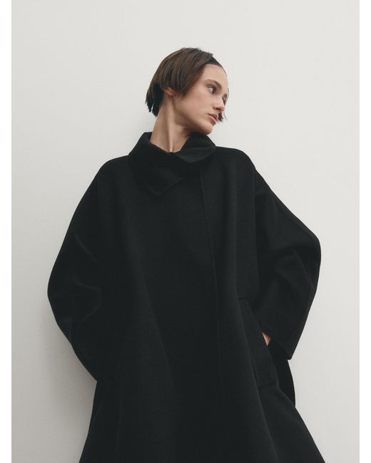 MASSIMO DUTTI Black Wool Blend Cape Coat