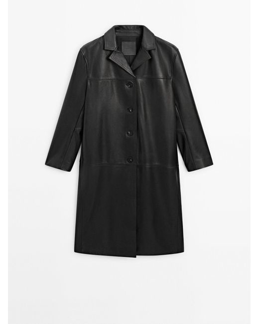 MASSIMO DUTTI Black Long Straight Fit Nappa Leather Coat