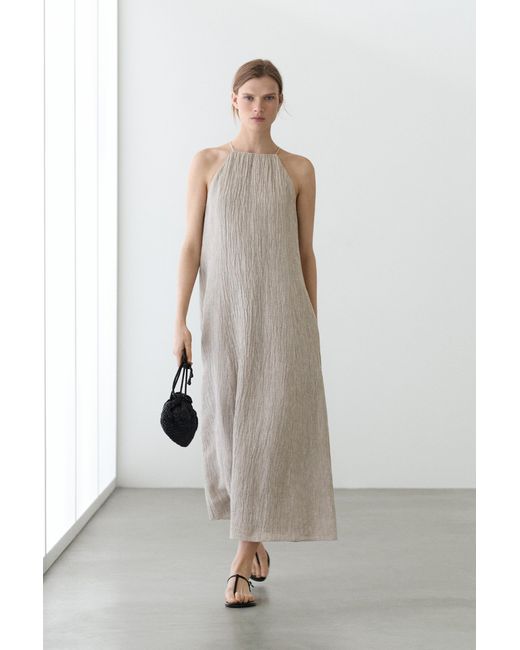 MASSIMO DUTTI White Flowing Ruched Neck Linen Blend Dress