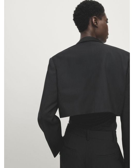 MASSIMO DUTTI Black Cropped Suit Blazer With Satin Lapels