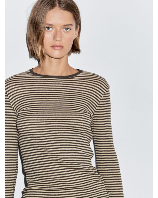 MASSIMO DUTTI Long-Sleeve Cotton Blend T-Shirt in Brown Lyst UK