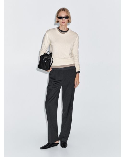 MASSIMO DUTTI White Wool Blend Knit V-Neck Sweater