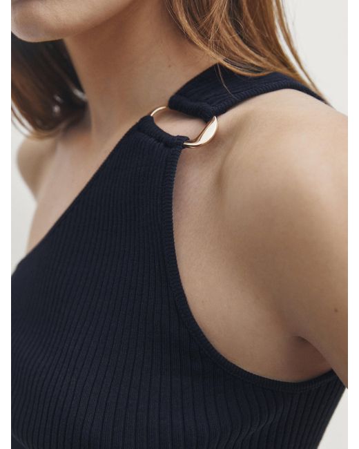 MASSIMO DUTTI Blue Asymmetric Ribbed Top With Piece Detail