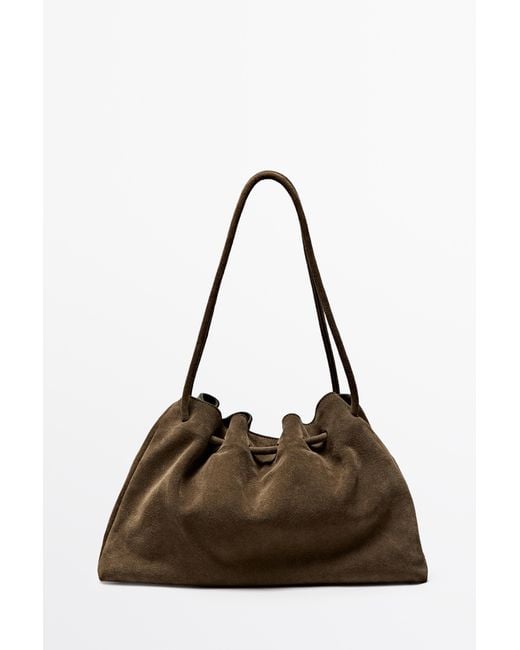 MASSIMO DUTTI Brown Gathered Split Suede Leather Bag
