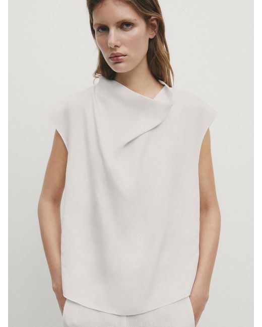 MASSIMO DUTTI White Linen Blend Top With A Draped Neck