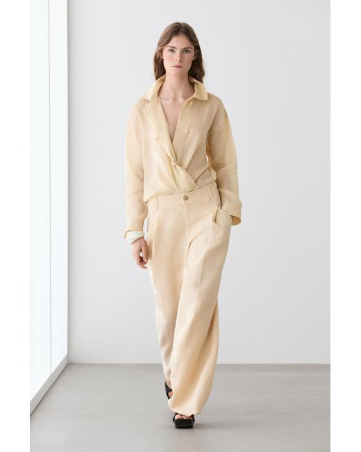 MASSIMO DUTTI Natural Wide-Leg Linen Pants With Pocket Details