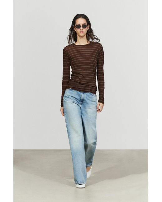 MASSIMO DUTTI Brown Long Sleeve Striped T-Shirt