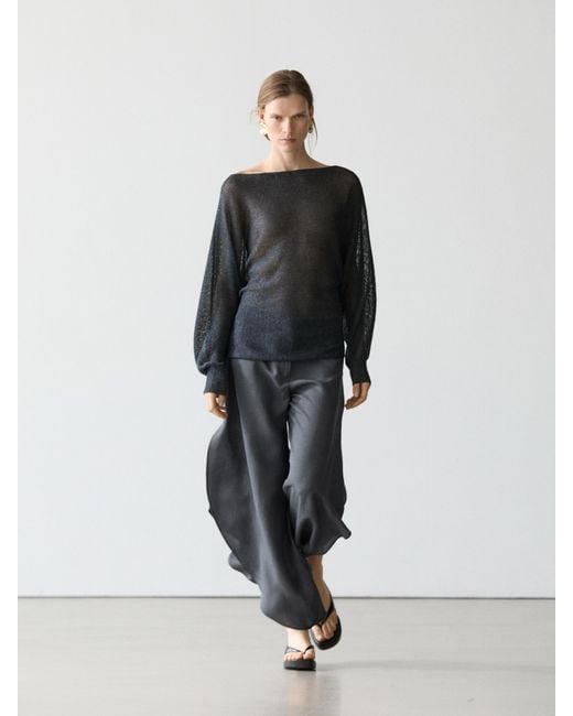 MASSIMO DUTTI Blue Pants With Split Details And Linen