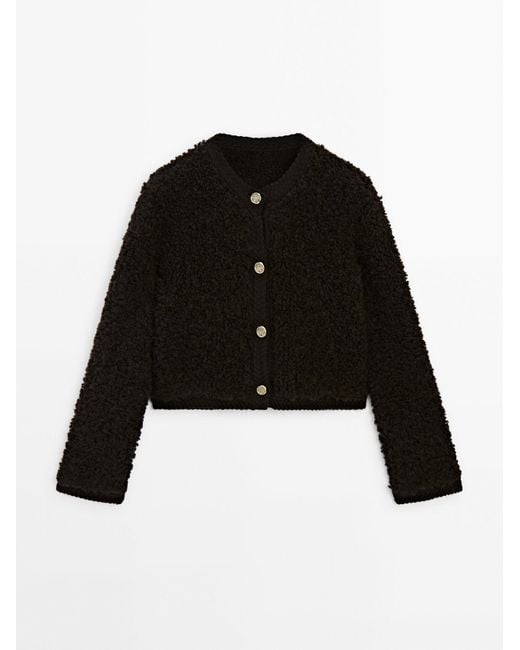 MASSIMO DUTTI Blue Bouclé Cardigan With Rhinestone Button