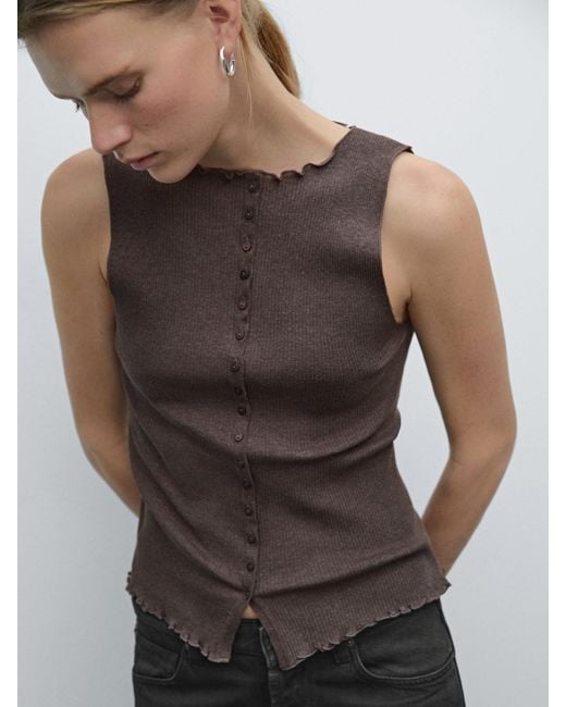 MASSIMO DUTTI Brown Knit Waistcoat Top With Buttoned Strap