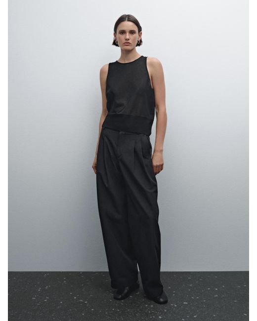 MASSIMO DUTTI Black Wide-Leg Cotton Blend Trousers