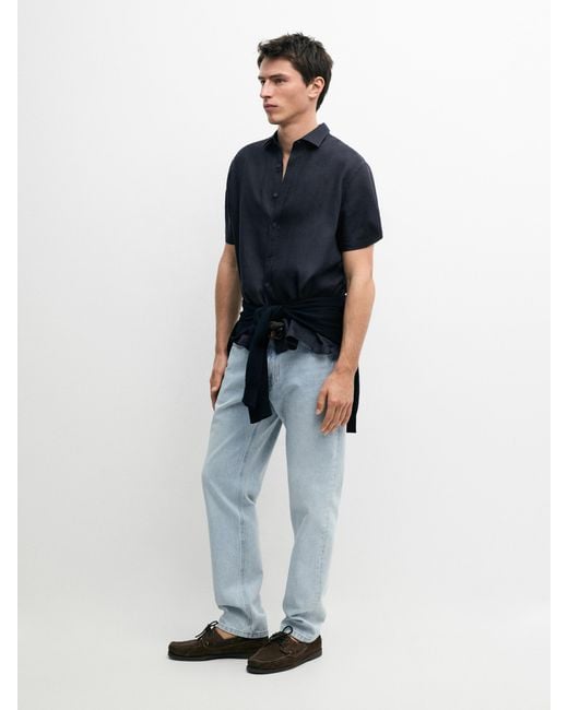 MASSIMO DUTTI Blue Regular Fit 100% Linen Short Sleeve Shirt for men
