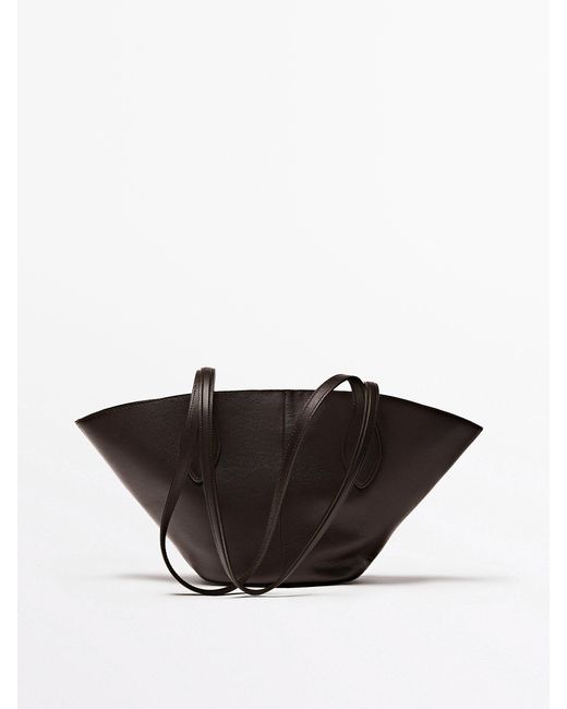 MASSIMO DUTTI Black Nappa Leather Mini Tote Bag With Long Strap