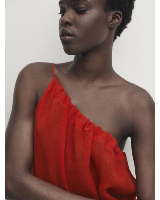MASSIMO DUTTI Red Ramie And Lyocell Blend Top With Asymmetric Neckline