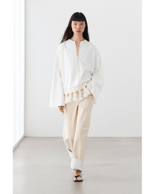 MASSIMO DUTTI Natural Embroidered Blouse With Fringe Hem