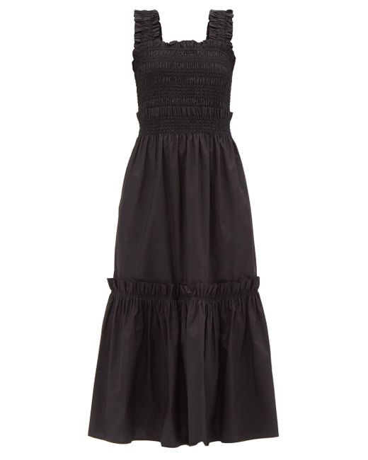 Sea Phoebe Shirred Cotton-poplin Midi Dress in Black | Lyst UK