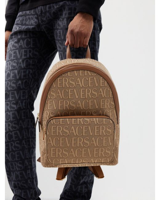 Versace Logo-jacquard Canvas Leather-trim Backpack for Men | Lyst
