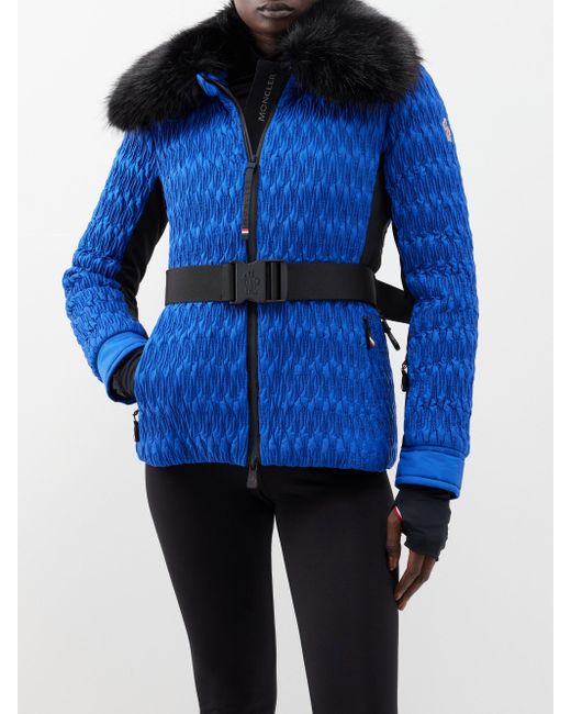 3 MONCLER GRENOBLE Blue Plantrey Faux-fur Collar Belted Ski Jacket