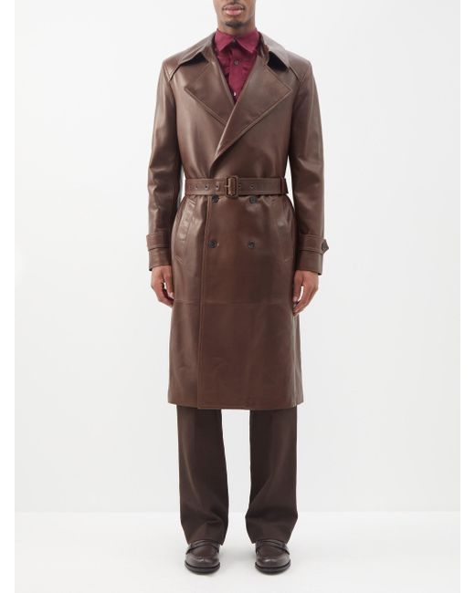 Saint Laurent Double-breasted Belted Leather Trench Coat in Brown for Men |  Lyst