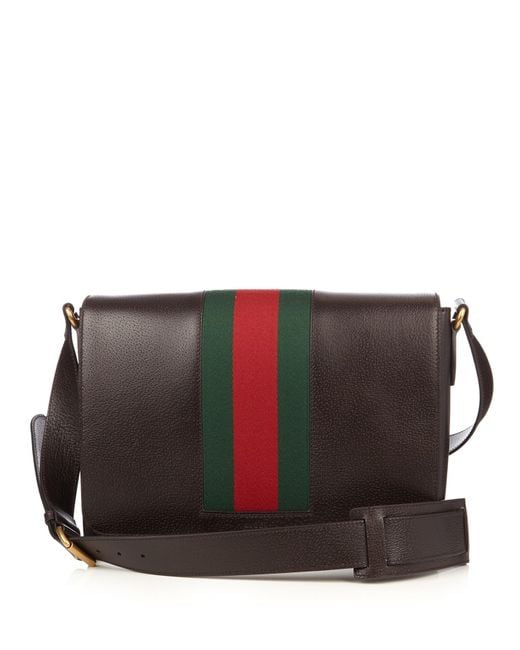 Gucci Web-panel Leather Messenger Bag in Brown for Men | Lyst