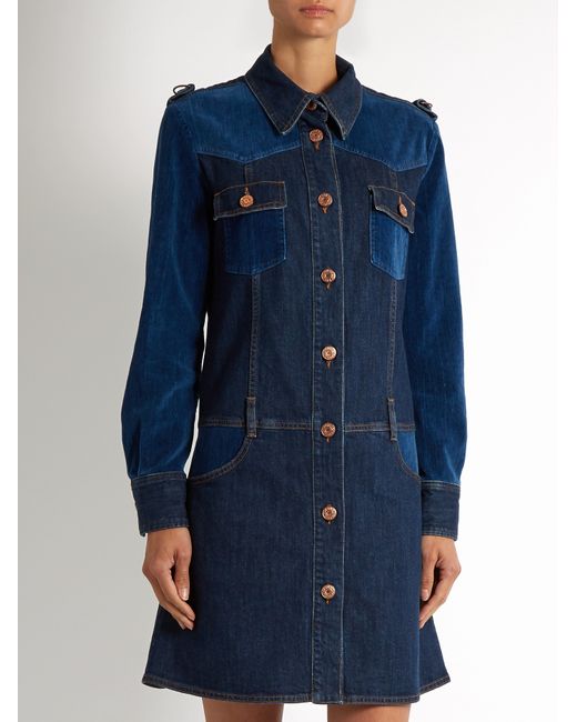 Velvet-panel Long-sleeved Denim Dress 
