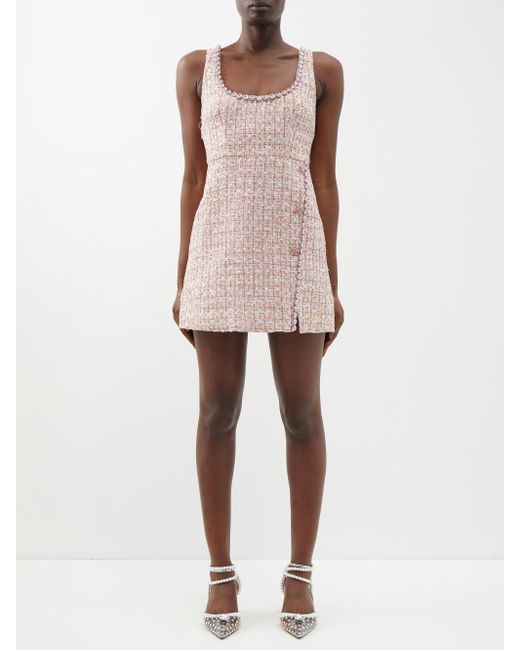 Self Portrait Crystal embellished Boucl tweed Mini Dress in Pink