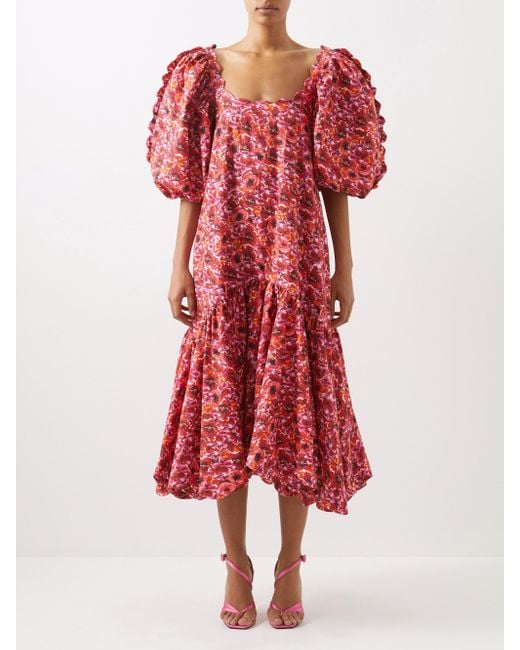 Kika Vargas Maya Puff-sleeve Floral-print Cotton-blend Dress in Red | Lyst