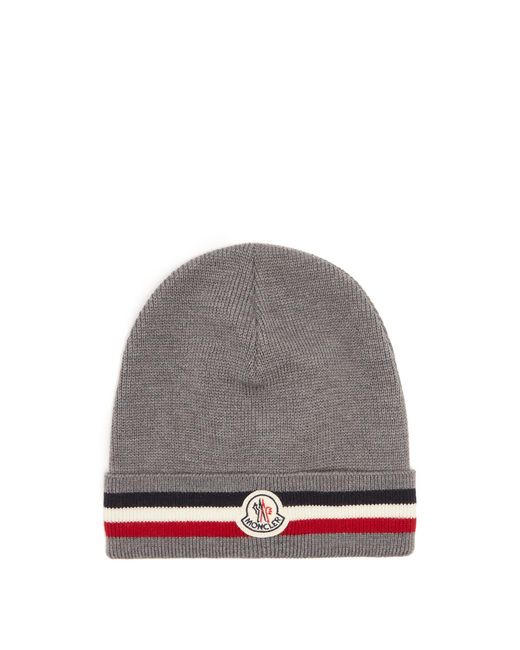 Moncler Striped Wool Beanie Hat in Grey 
