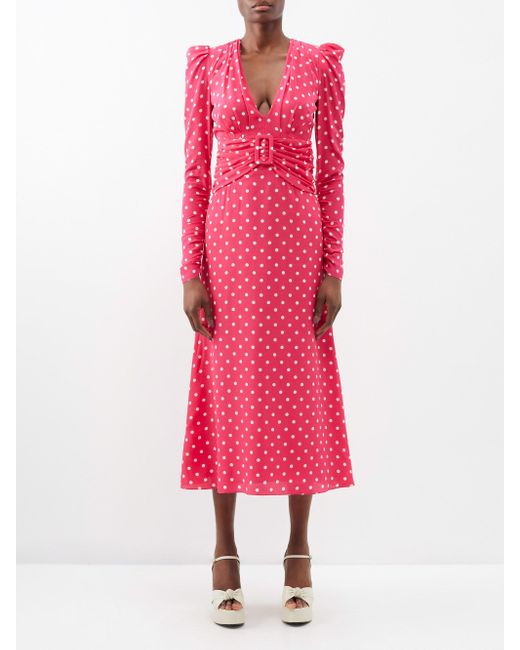 Alessandra Rich V-neck Polka Dot-print Buckled Silk Dress in Pink | Lyst