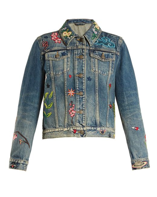 Gucci Floral-embroidered Denim Jacket in Blue | Lyst