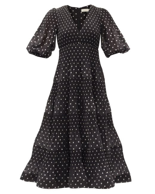 Zimmermann Puff-sleeve Polka-dot Voile Midi Dress in Black White (Black ...