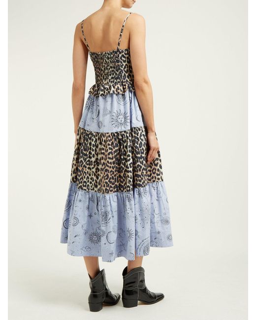 Download Ganni Leopard And Moon Print Tiered Poplin Midi Dress in ...